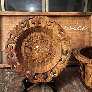 Vintage Hand-Carved Indian Wood Decorative Plate with Bone Inlay